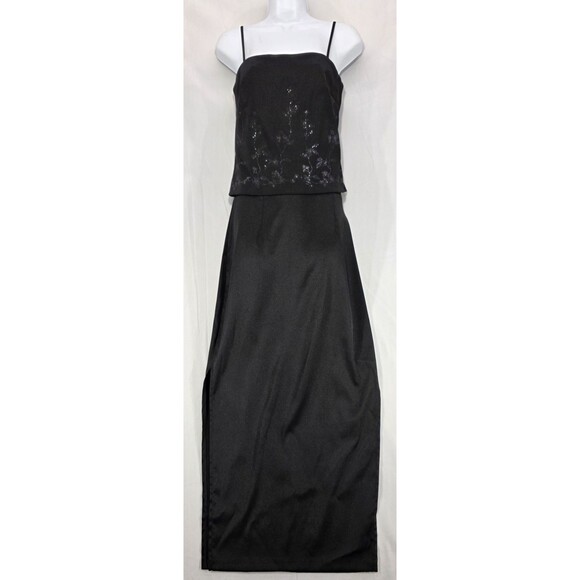 VTG 90s Long Skirt Cami Top Set Black Satin Whimsigoth Fairy Goth Witchy Size 5 - Picture 1 of 16